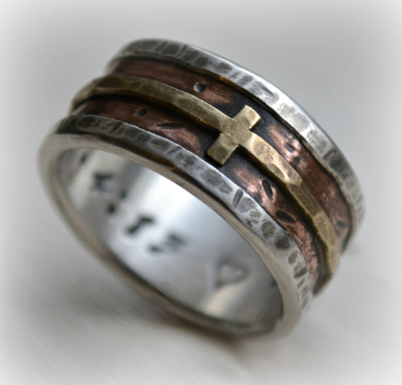 Свадьба - mens wedding band - rustic fine silver copper and brass cross - handmade artisan designed wide band ring - manly Christian ring - customized