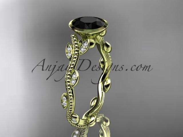 Wedding - 14k yellow gold diamond leaf and vine wedding ring, engagement ring with Black Diamond center stone ADLR33