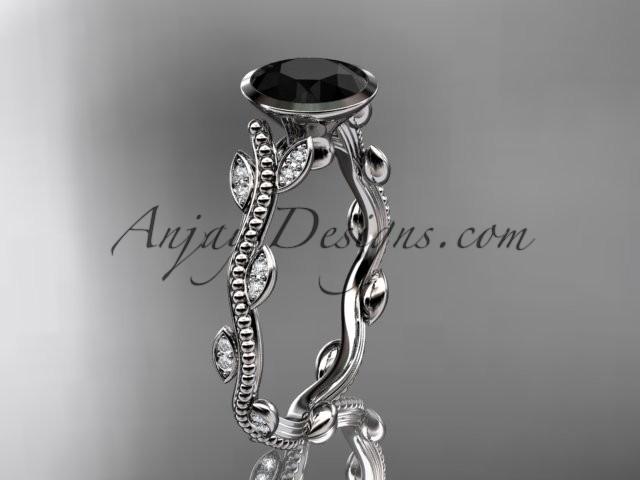 Mariage - 14k white gold diamond leaf and vine wedding ring, engagement ring with Black Diamond center stone ADLR33