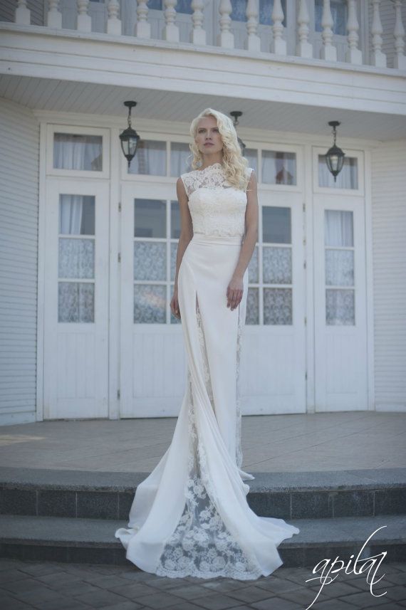 زفاف - Long Wedding Dress, Ivory Wedding Dress, Crepe And Lace Dress With Train L7