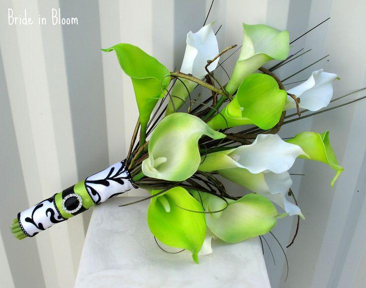 زفاف - Wedding Bouquet Real Touch Calla Lily Lime Green White Damask Bridal Bouquet