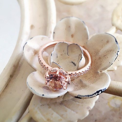 Hochzeit - 14k Rose Gold Vintage Morganite Engagement Ring Diamond Wedding Band 7mm Round Pink Peach Morganite Ring