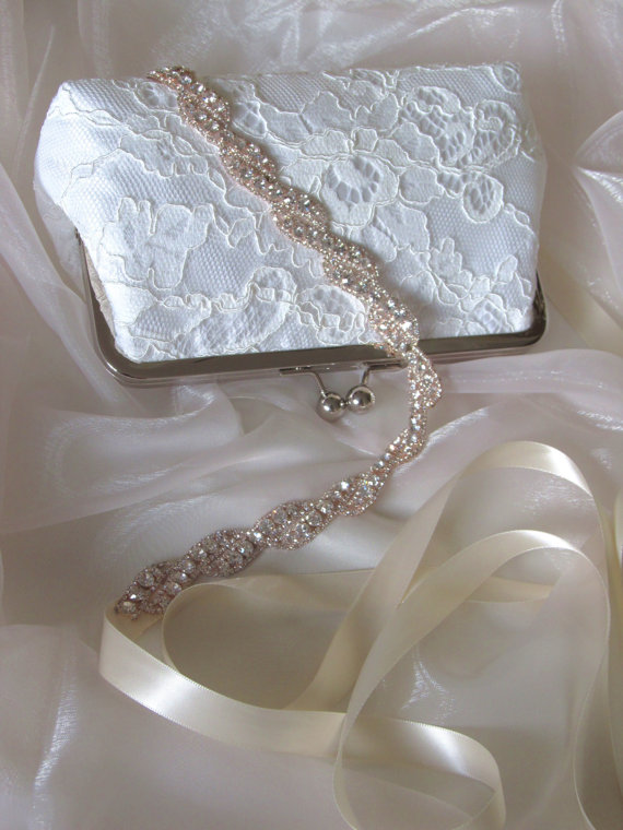 Wedding - SALE 10% Off Sash And Clutch Bridal Set,Crystal Rhinestone Rose Gold Sash,Chantilly Lace Ivory Clutch,Bridal Accessories,Wedding Accessories