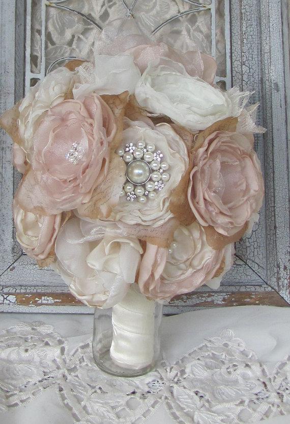 Mariage - Wedding Bouquet Rhinestone and Pearls with fabric rosebuds Custom Made by Burlap And Bling Design Studio