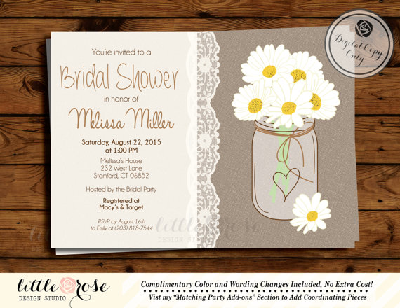 Mariage - Daisy Mason Jar Bridal Shower Invitation - Country Wedding Shower - Baby Shower Invite - Daisies and Lace Invitation - Digital Printable