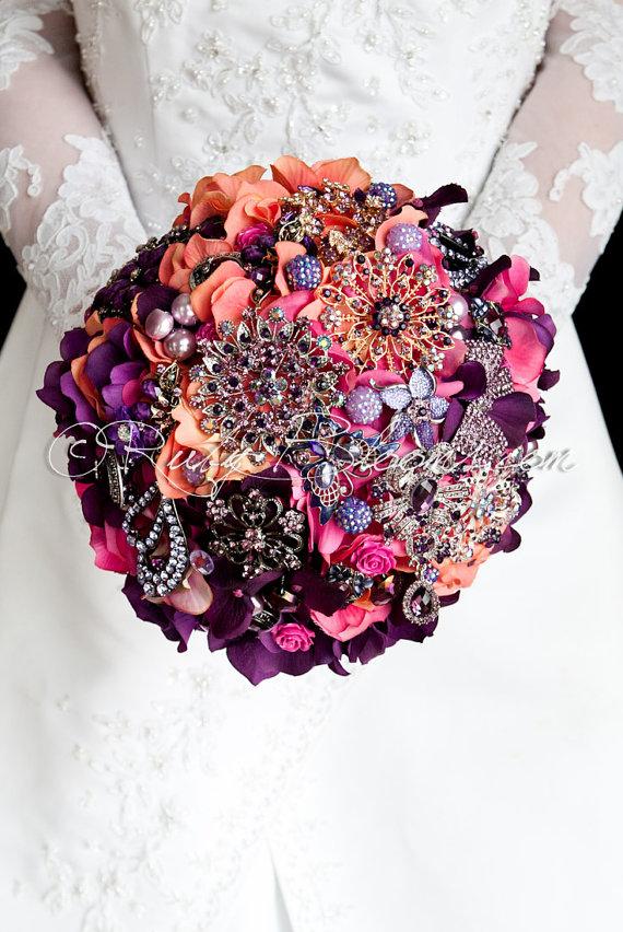 Wedding - Autumn Burnt Orange Wedding Brooch Bouquet. Deposit “Indian Summer” Purple Brooch Bouquet Crystal Bridal Broach Bouquet Ruby Blooms Weddings
