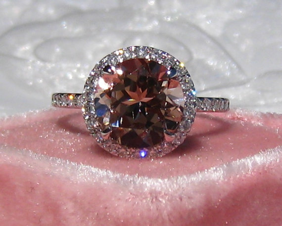 زفاف - Peachy Pink Morganite in White Gold Diamond Halo Engagement Ring, Morganite Engagement Ring