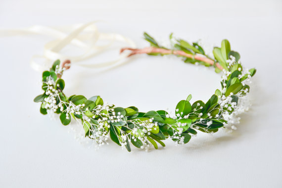 زفاف - Green flower crown, Woodland wedding hair accessories, Bridal headpiece, Floral wreath, Bohemian - GAIA