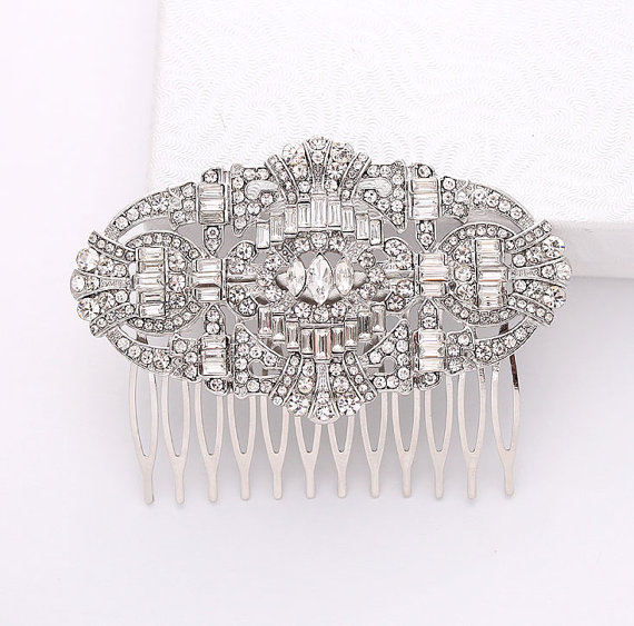 Hochzeit - Crystal Silver Hair Comb Art Deco Bridal Hairpiece Old Hollywood Gatsby Wedding Accessories Rhinestone Hair Combs Headpiece Jewelry