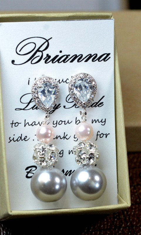 زفاف - Charcoal gray blush pink ,Wedding Jewelry Bridesmaid Gift Bridesmaid Jewelry Bridal Jewelry Gray pink  Pearl Drop Earrings Cubic Earrings