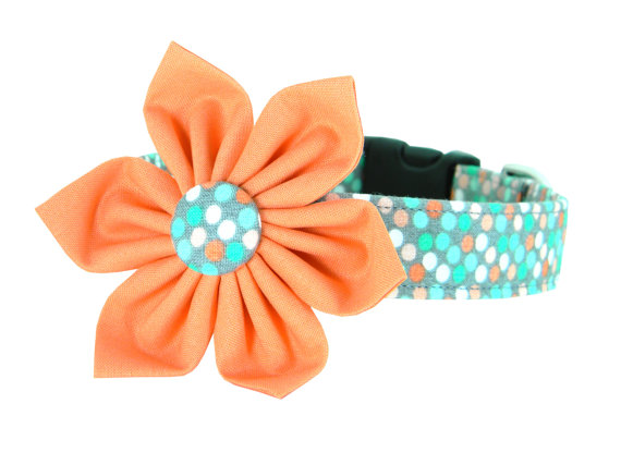 زفاف - Coral Aqua Gray Dot Flower Dog Collar/ Polka Dot Dog Collar and Flower: Fiesta