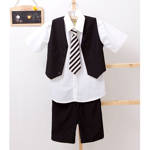 زفاف - Black Vest And Shorts, A Short Sleeve White Button-up And Striped Tie - Light In The Box Kids Attire 
