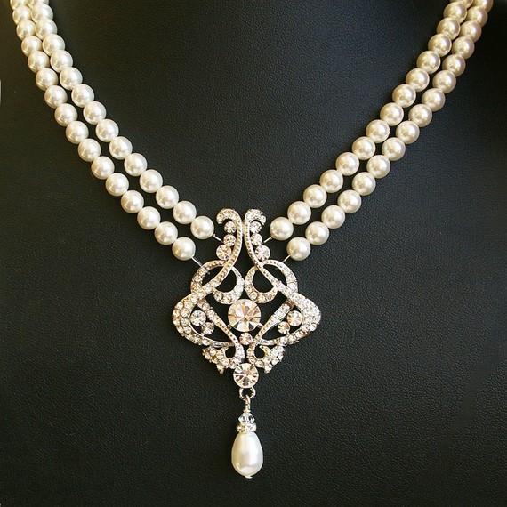 زفاف - Vintage Style Wedding Necklace, Art Deco Style Pearl Bridal Necklace, Crystal Filigree Wedding Necklace, ALESSANDRA
