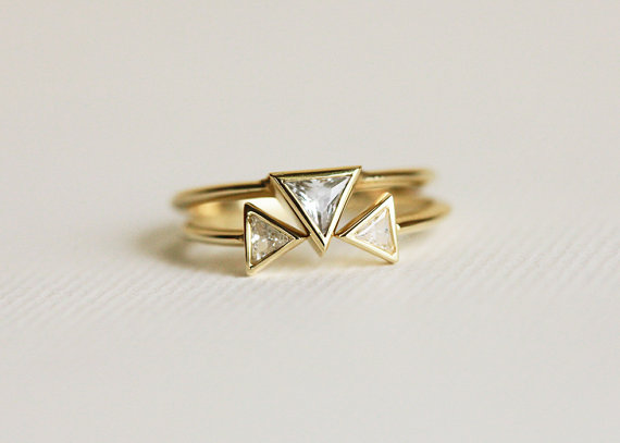 Hochzeit - Diamond Engagement Set, Open Diamond Ring With 0.2 Carat Trillion Diamond Ring, 18k Gold