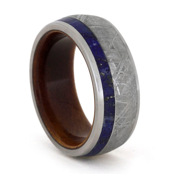 Hochzeit - Lapis Lazuli pinstripe on a Meteorite Ring, Titanium ring with inner Wood Sleeve, Custom Wedding Band
