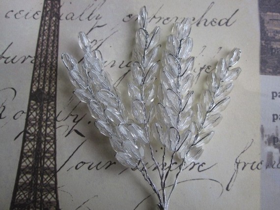 زفاف - Beaded Flowers - Crystal Clear - Wheat Leaves - Millinery - Wedding - Embellishment