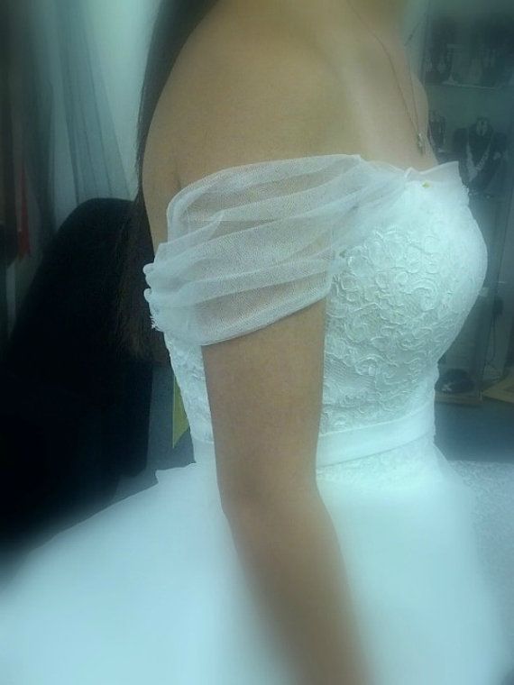 Hochzeit - Detachable Straps Ruched Soft English Net Off The Shoulder For Wedding Dresses In Ivory