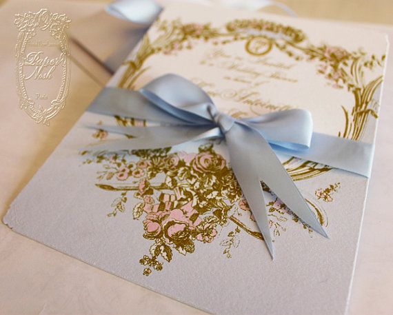 زفاف - Marie Antoinette Bleu Cameo Silhouette Wedding Or Event Invitations In Palest Of Blue And Gold With Hand Painted Pink Roses Invitations