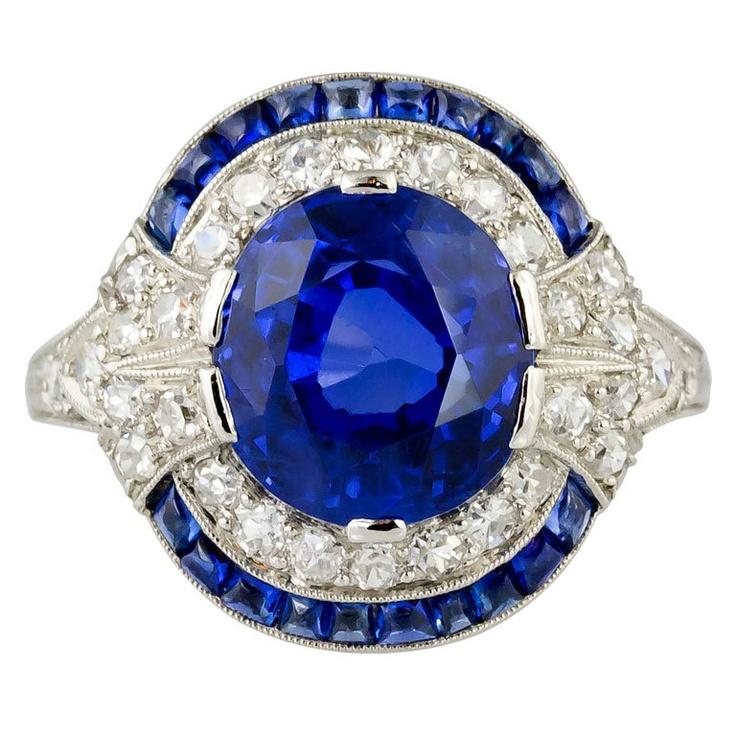 Hochzeit - Natural Burma Sapphire And Diamond Art Deco Platinum Ring
