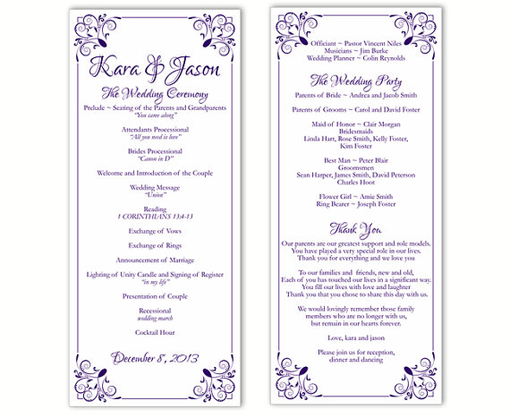 زفاف - Wedding Program Template DIY Editable Text Word File Download Program Purple Program Floral Program Printable Wedding Program 4x9.25inch
