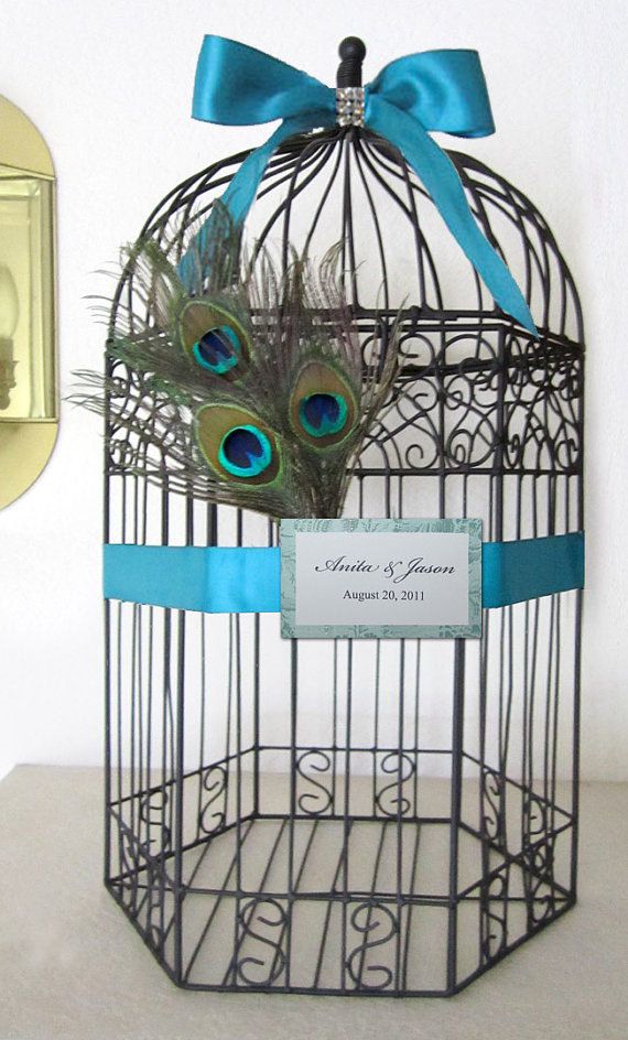 زفاف - RESERVED-Personalized X-Large Dark Finish Hexagonal Birdcage With Peacock Feathers And Bling-Wedding Card Holder