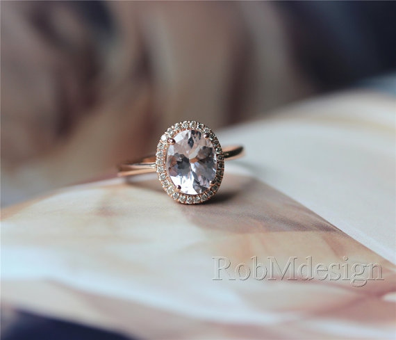 Hochzeit - Halo Diamond Oval Morganite Ring 14k Rose Gold Engagement Ring Wedding Ring   Gemstone Engagement Ring