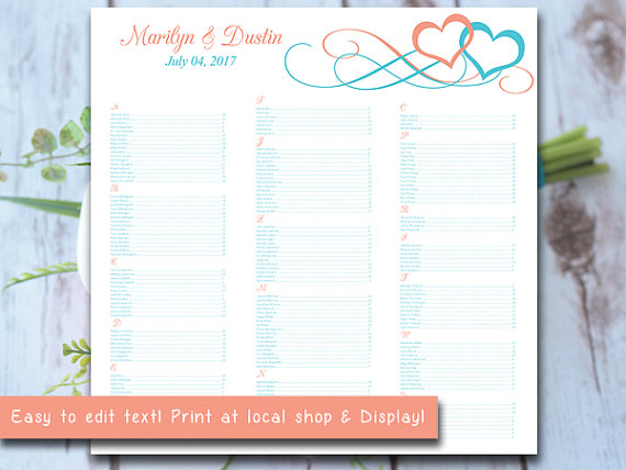 زفاف - Printable Wedding Seating Chart Template - Coral Turquoise Wedding Reception Seating "Entwined Hearts" DIY Wedding Template Instant Download