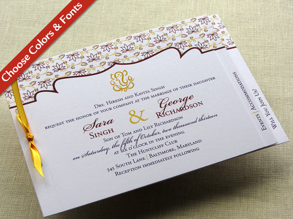 Mariage - Ganesh Indian Wedding Invitation - Hindu Lotus Floral Tab Booklet - Pocketfold Alternative - Custom Colors