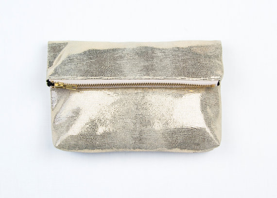 Свадьба - EMMA Gold Leather Clutch. Gold Leather Fold Clutch. Metallic Leather Pouch. Metallic Gold Wedding Clutch.