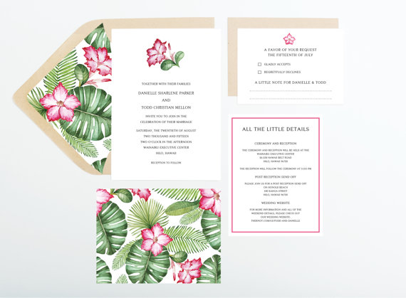 زفاف - Hibiscus Tropical Destination Wedding Invitation Collection, Pink and Green, Wedding Announcement, Save The Date, Bridal Shower