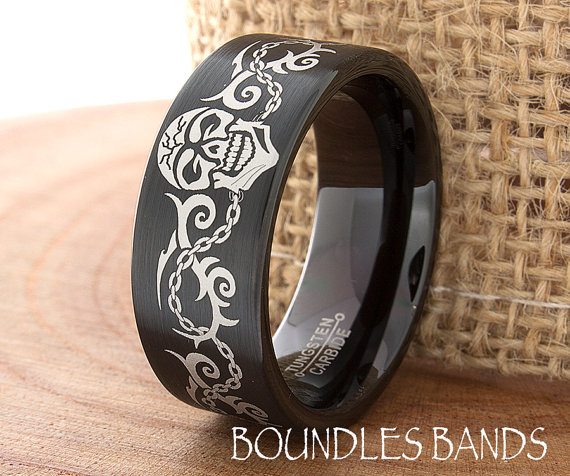 Свадьба - Tungsten Skull Ring Wedding Band Ring 9mm Ring Mans Wedding Band Custom Anniversary Size Laser Engraved Tattoo Design Any Design His Hers