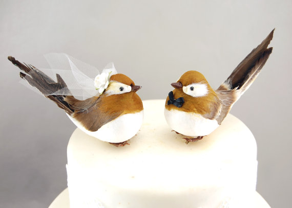 Wedding - Chipper Chickadee Love Bird Cake Topper in Golden Brown: Bride and Groom Woodland Wedding Cake Topper