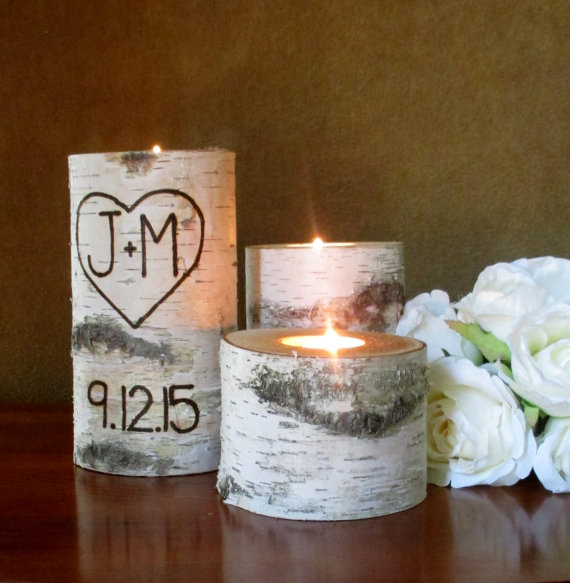 Свадьба - Birch Wedding Centerpieces Personalized Candles Rustic Wedding  Date Anniversary Ceremony