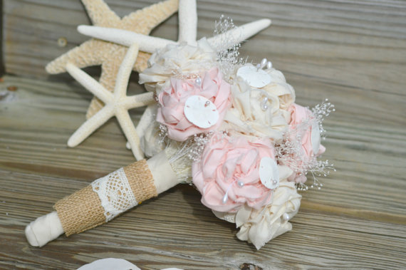 Mariage - Beach Wedding Bridal Bouquet Pink Peony Shabby Chic Keepsake Rustic Burlap Lace Sand Dollars Starfish