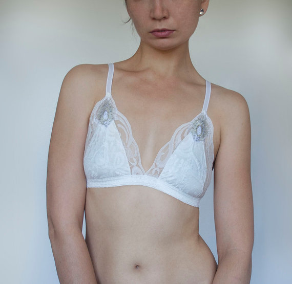 Wedding - White Peacock. Soft Lace Bralette with Embroidered Peacock Feather Detail. Wireless Bra Top. Thin Straps. Unique Lingerie