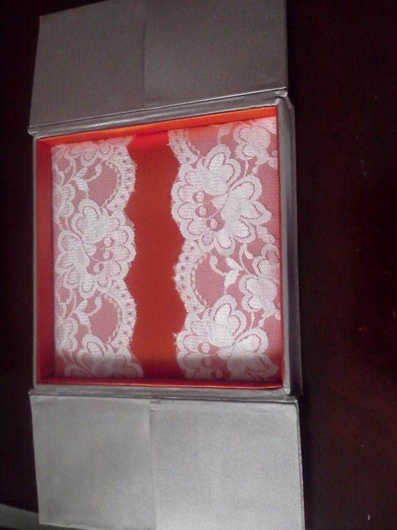 زفاف - Tan Satin Fabric invitation box, Orange satin ribbon,interior lace accent, invitation box, invitation folder, invitation box