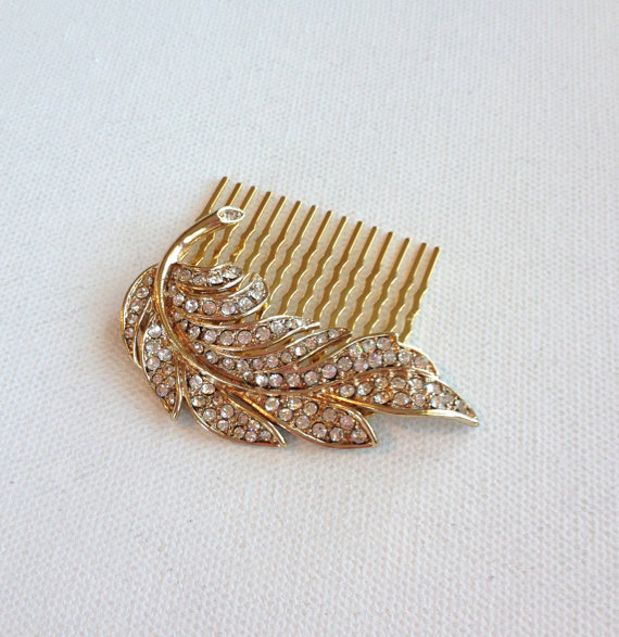 زفاف - Gold rhinestone leaf hair comb, hair accessory, Downton Abbey, rustic, cottage, woodland, bridesmaid gift, wedding, jewelry, veil accessory