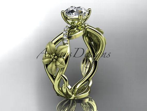 Mariage - Unique 14kt  yellow gold diamond floral leaf and vine,engagement ring with  moissanite center stone, ADLR270