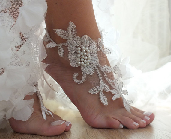 Mariage - ivory Beach wedding barefoot sandals, floral lace sandals, lace sandals, bridal sandals, wedding sandals, pearl barefoot sandals