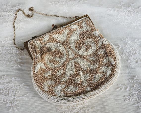 Wedding - Vintage Beaded Wedding Evening Bag - Retro Formal Clutch Bridal Purse - Chanpange Pearl & Seed Beads  -  Made in France