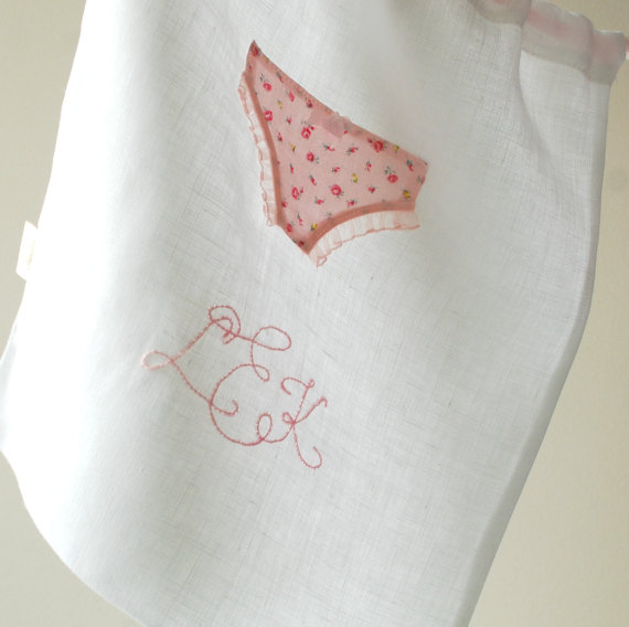 Wedding - Romantic Linen Lingerie Bag-Gift for Bride-Bridesmaids gifts - White, Floral, Pale Pink bag -Monogrammed gift- Personalised gift