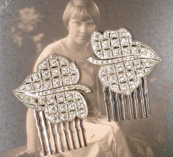 Hochzeit - PAIR 1920s Flapper Rhinestone Leaf Bridal Hair Combs, Vintage Art Deco Silver Pave Original Dress Clips to OOAK Wedding Hair Piece Accessory