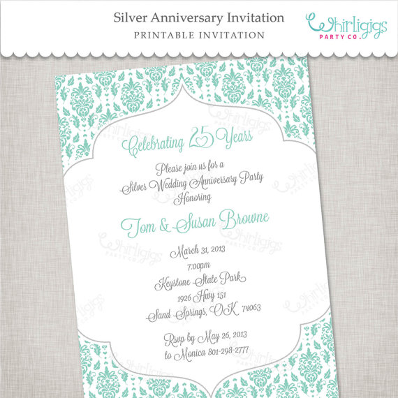 Hochzeit - 25th Silver Anniversary Printable Invitation in Blue and Silver