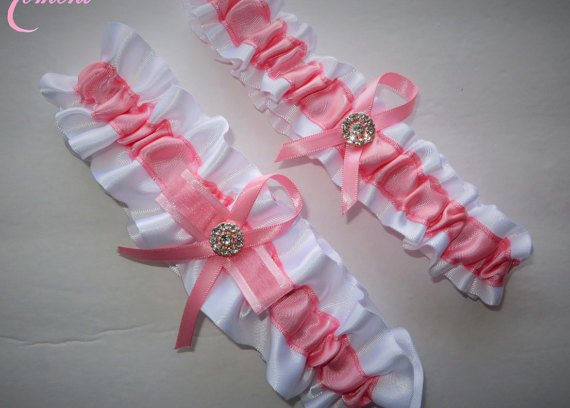 Wedding - Pink and White Garter Set, Keepsake and Toss-away Garter Set, Ribbon Garter, Prom Garter, Pink Garter, Bridal Garter, Wedding Garter