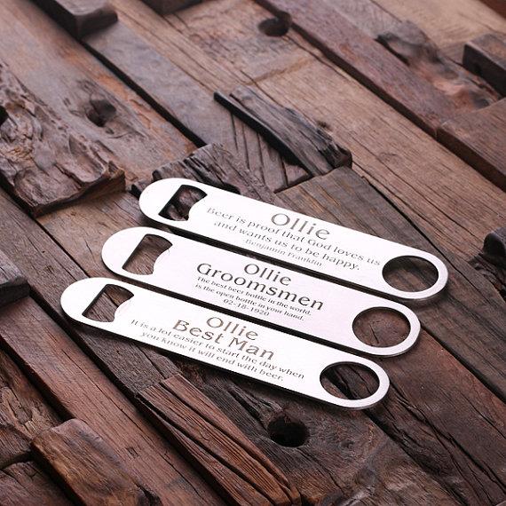 Hochzeit - Personalized Stainless Steel Metal Bottle Opener - Engraved and Monogrammed , Nifty Groomsmen Gift (025085)