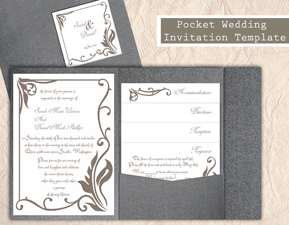Mariage - Pocket Wedding Invitation Template Set DIY Download EDITABLE Text Word File Gray Wedding Invitation Coffee Invitation Printable Invitation