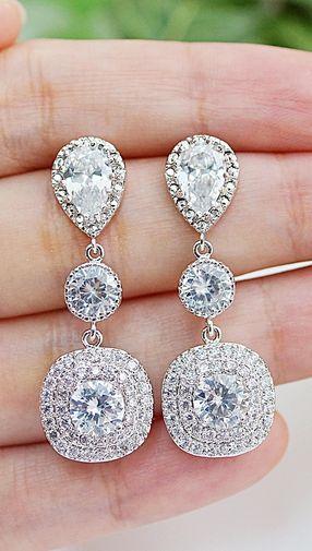 Mariage - Cubic Zirconia Bridal Earrings Wedding Jewelry Square Drop CZ Dangle Earrings Halo Style Cubic Zirconia Wedding Earrings (E-B-0076)