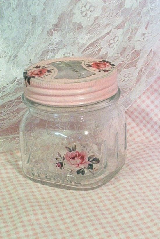 زفاف - SALVAGED Vintage Ball Squat Pint Jar Cottage Pink Roses