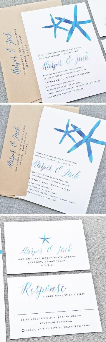 Hochzeit - NEW Harper Watercolor Starfish Wedding Invitation - Beach Wedding Invitation