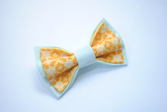 Wedding - Embroidered bowtie Mint striped yellow Fabric Brown Ivory pattern Gift for her Gift ideas for him Brother's gifts for birthday Men's ties